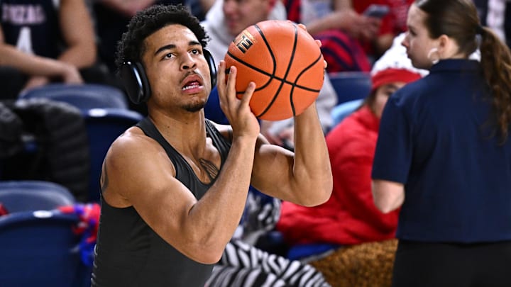 Feb 10, 2026; Spokane, Washington, USA; Washington State Cougars guard Ace Glass (21) warms up before the game against the Gonzaga Bulldogs at McCarthey Athletic Center. Mandatory Credit: James Snook-Imagn Images