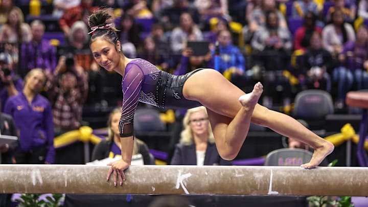 LSU gymnast Kailin Chio competes on the balance beam during a meet against the Missouri Tigers. LSU gymnast Kailin Chio competes on the balance beam during a meet against the Missouri Tigers.