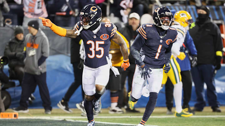 Dec 20, 2025; Chicago, Illinois, USA; Chicago Bears safety C.J. Gardner-Johnson (35) and cornerback Jaylon Johnson (1) acknowledge the crowd against the Green Bay Packers during the first quarter at Soldier Field. Mandatory Credit: Mike Dinovo-Imagn Images