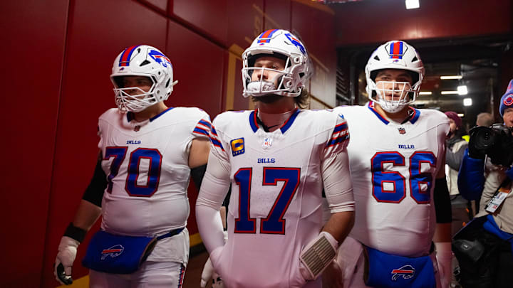 Jan 26, 2025; Kansas City, MO, USA; Buffalo Bills offensive tackle Alec Anderson (70), quarterback Josh Allen (17) and guard Connor McGovern (66) against the Kansas City Chiefs during the AFC Championship game at GEHA Field at Arrowhead Stadium. Mandatory Credit: Mark J. Rebilas-Imagn Images Jan 26, 2025; Kansas City, MO, USA; Buffalo Bills offensive tackle Alec Anderson (70), quarterback Josh Allen (17) and guard Connor McGovern (66) against the Kansas City Chiefs during the AFC Championship game at GEHA Field at Arrowhead Stadium. Mandatory Credit: Mark J. Rebilas-Imagn Images