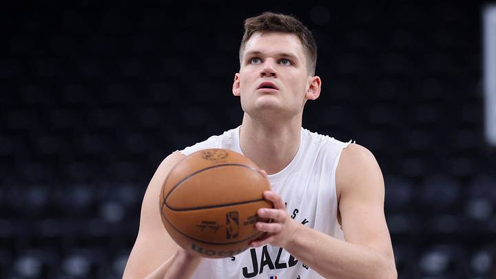 Feb 28, 2025; Salt Lake City, Utah, USA; Utah Jazz center Walker Kessler warms up before the game against the Minnesota Timberwolves at Delta Center. Mandatory Credit: Rob Gray-Imagn Images