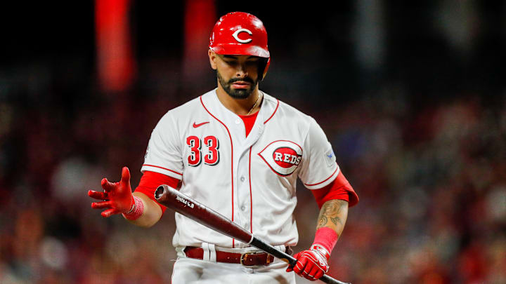 Sep 19, 2023; Cincinnati, Ohio, USA; Cincinnati Reds third baseman Christian Encarnacion-Strand (33) at bat during the fifth inning against the Minnesota Twins at Great American Ball Park. Mandatory Credit: Katie Stratman-Imagn Images