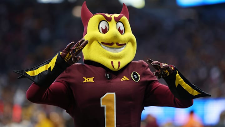 Jan 1, 2025; Atlanta, GA, USA; Arizona State Sun Devils mascot Sparky the Sun Devil during the second half of the Peach Bowl at Mercedes-Benz Stadium. Mandatory Credit: Brett Davis-Imagn Images