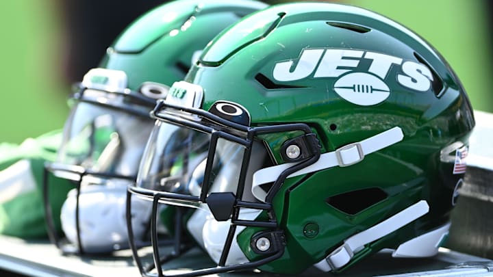 Sep 12, 2021; Charlotte, North Carolina, USA;  New York Jets helmets on the sidelines at Bank of America Stadium. Mandatory Credit: Bob Donnan-Imagn Images