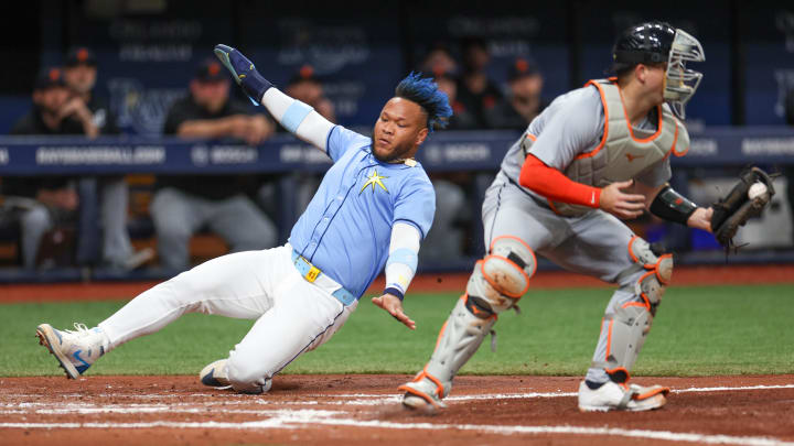 Apr 24, 2024; St. Petersburg, Florida, USA;  Tampa Bay Rays designated hitter Harold Ramirez (43) scores a run against the Detroit Tigers in the second inning at Tropicana Field.