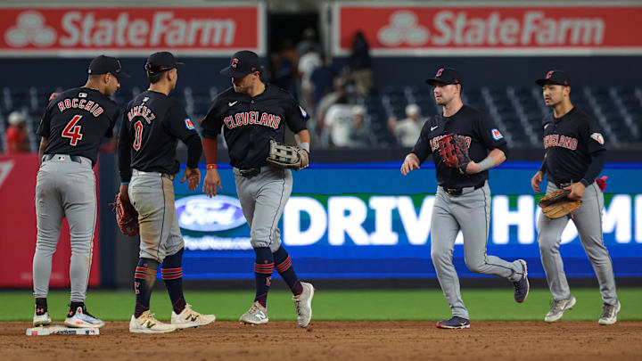 Aug 20, 2024; Bronx, New York, USA; Cleveland Guardians second baseman Andres Gimenez (0) celebrates with teammates after defeating the New York Yankees in twelve innings at Yankee Stadium. Mandatory Credit: Vincent Carchietta-Imagn Images Aug 20, 2024; Bronx, New York, USA; Cleveland Guardians second baseman Andres Gimenez (0) celebrates with teammates after defeating the New York Yankees in twelve innings at Yankee Stadium. Mandatory Credit: Vincent Carchietta-Imagn Images