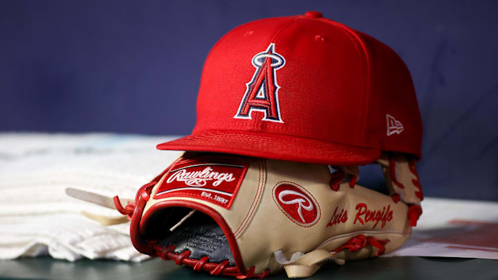 A detailed view of a Los Angeles Angels hat and glove