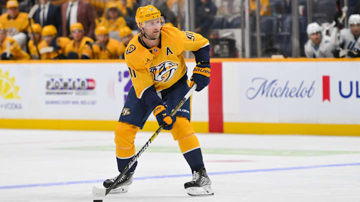 Oct 11, 2025; Nashville, Tennessee, USA;  Nashville Predators center Steven Stamkos (91) skates with the puck against the Utah Mammoth during the third period at Bridgestone Arena. Mandatory Credit: Steve Roberts-Imagn Images Oct 11, 2025; Nashville, Tennessee, USA;  Nashville Predators center Steven Stamkos (91) skates with the puck against the Utah Mammoth during the third period at Bridgestone Arena. Mandatory Credit: Steve Roberts-Imagn Images