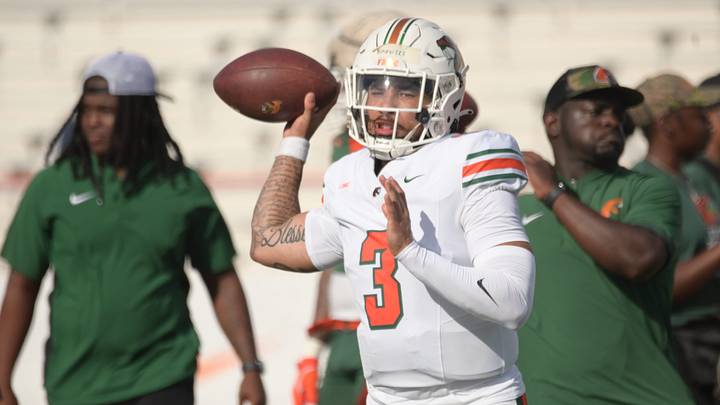 Florida A&M Rattlers quarterback Isaiah Knowles warms up for the 'Friday Night Strike' Orange and Green Spring Football Game on Ken Riley Field at Bragg Memorial Stadium in Tallahassee, Florida, Friday, April 3, 2026.