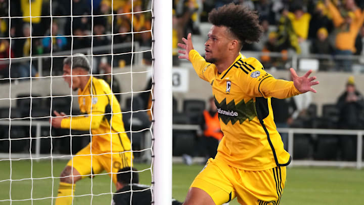 Jacen Russell-Rowe (foreground) celebrates after scoring the game-winning goal for Columbus in the Crew's Concacaf Champions Cup semifinal match against Liga MX powerhouse Monterrey.