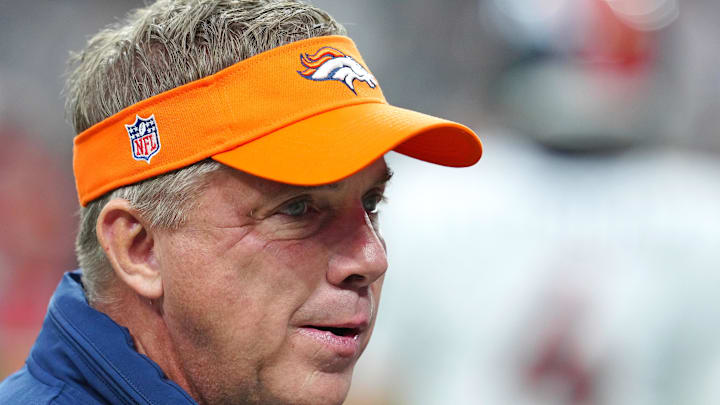 Jan 7, 2024; Paradise, Nevada, USA; Denver Broncos head coach Sean Payton walks on the field before the start of a game against the Las Vegas Raiders at Allegiant Stadium. Mandatory Credit: Stephen R. Sylvanie-USA TODAY Sports