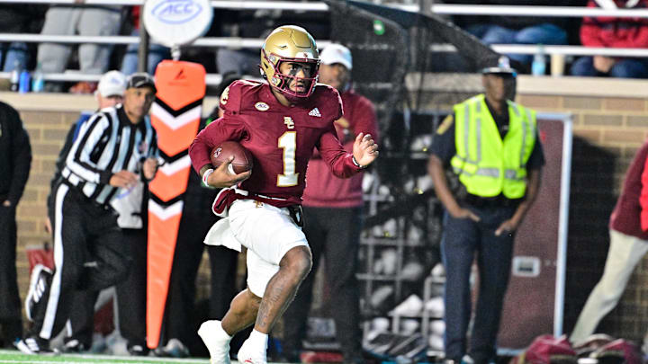Oct 25, 2024; Chestnut Hill, Massachusetts, USA; Boston College Eagles quarterback Thomas Castellanos (1) runs the ball against the Louisville Cardinals during the first half at Alumni Stadium. Mandatory Credit: Eric Canha-Imagn Images