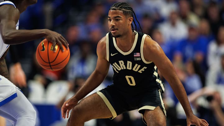Purdue Boilermakers guard C.J. Cox (0) defends during the first half Purdue Boilermakers guard C.J. Cox (0) defends during the first half