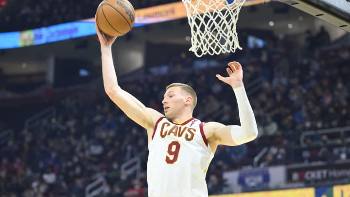 Jan 24, 2022; Cleveland, Ohio, USA; Cleveland Cavaliers guard Dylan Windler (9) rebounds in the second quarter against the New York Knicks at Rocket Mortgage FieldHouse. Mandatory Credit: David Richard-USA TODAY Sports