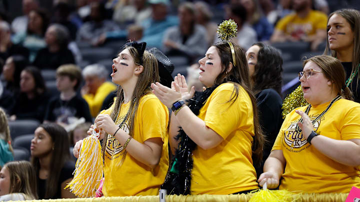 Kickapoo fans cheer during a Class 6 state championship girls basketball game between Kickapoo and Incarnate Word, Saturday, March 16, 2024, at Mizzou Arena in Columbia, Mo.