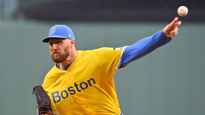 Apr 19, 2026; Boston, Massachusetts, USA; Boston Red Sox starting pitcher Garrett Crochet (35) pitches against the Detroit Tigers during the first inning at Fenway Park. Mandatory Credit: Eric Canha-Imagn Images