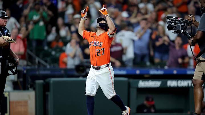 Jun 19, 2026; Houston, Texas, USA; Houston Astros second baseman Jose Altuve (27) crosses home plate after hitting a three-run home run to left field against the Cleveland Guardians during the sixth inning at Daikin Park. Mandatory Credit: Erik Williams-Imagn Images