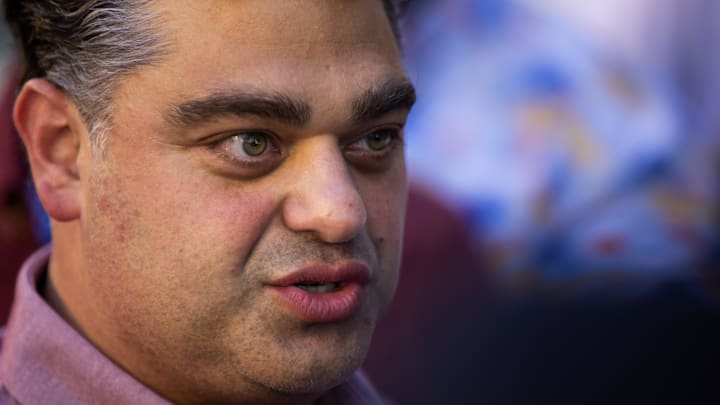Nov 7, 2023; Scottsdale, AZ, USA; Los Angeles Angels general manager Perry Minasian speaks to the media during the MLB General Manager's Meetings at Omni Scottsdale Resort & Spa. Mandatory Credit: Mark J. Rebilas-Imagn Images