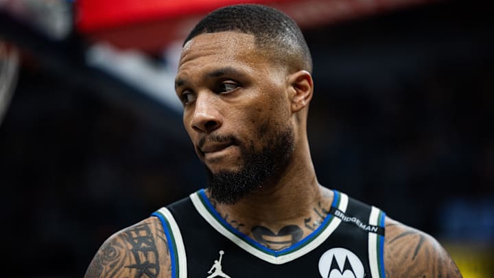 Apr 22, 2025; Indianapolis, Indiana, USA; Milwaukee Bucks guard Damian Lillard (0) during game two of first round for the 2024 NBA Playoffs against the Indiana Pacers at Gainbridge Fieldhouse. Mandatory Credit: Trevor Ruszkowski-Imagn Images