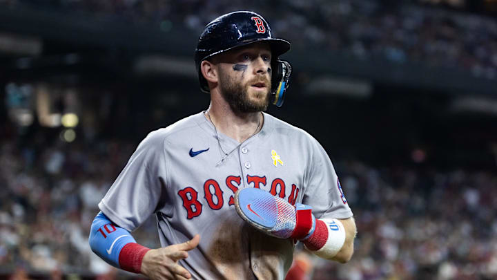 Sep 7, 2025; Phoenix, Arizona, USA; Boston Red Sox shortstop Trevor Story against the Arizona Diamondbacks at Chase Field. Mandatory Credit: Mark J. Rebilas-Imagn Images
