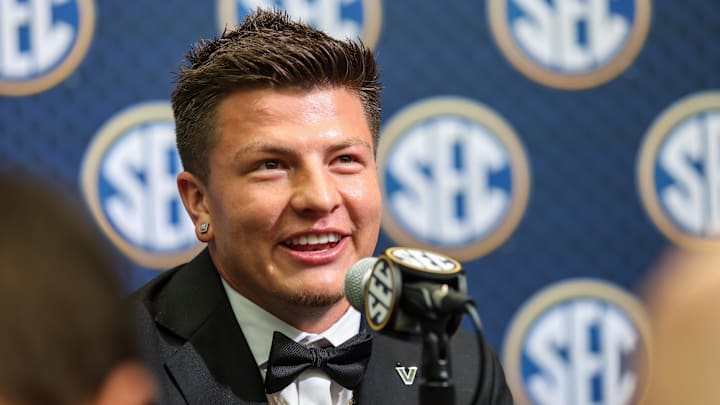 Jul 14, 2025; Atlanta, GA, USA; Vanderbilt Commodores quarterback Diego Pavia answers media day questions during SEC Media Day at Omni Atlanta Hotel. Mandatory Credit: Jordan Godfree-Imagn Images