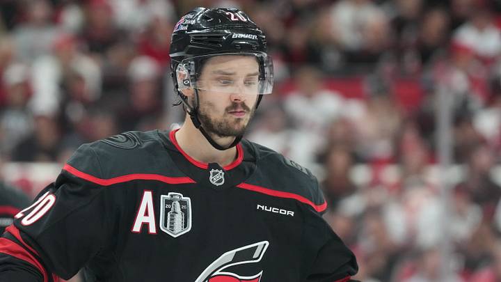 Jun 2, 2026; Raleigh, North Carolina, USA; Carolina Hurricanes center Sebastian Aho (20) skates between play during the second period against the Vegas Golden Knights in game one of the 2026 Stanley Cup Final at Lenovo Center. Mandatory Credit: James Guillory-Imagn Images