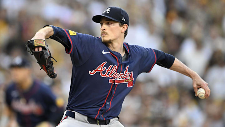 Oct 2, 2024; San Diego, California, USA; Atlanta Braves pitcher Max Fried (54) throws during the first inning of game two in the Wildcard round for the 2024 MLB Playoffs against the San Diego Padres at Petco Park. Mandatory Credit: Denis Poroy-Imagn Images