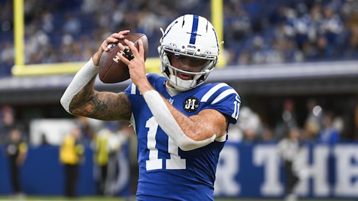Indianapolis Colts wide receiver Michael Pittman Jr. (11) warms up before the game against the Tennessee Titans at Lucas Oil Stadium. Indianapolis Colts wide receiver Michael Pittman Jr. (11) warms up before the game against the Tennessee Titans at Lucas Oil Stadium.
