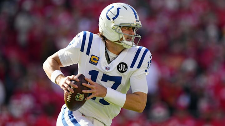 Nov 23, 2025; Kansas City, Missouri, USA; Indianapolis Colts quarterback Daniel Jones (17) looks to pass against the Kansas City Chiefs in the first half at GEHA Field at Arrowhead Stadium. 