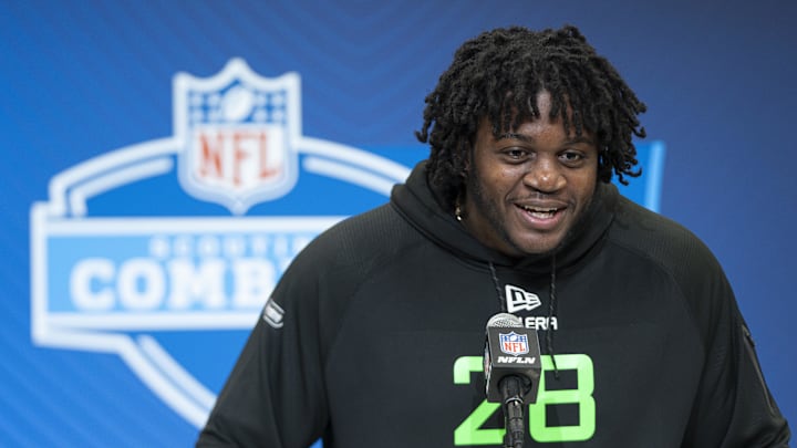 University of Missouri offensive lineman Armand Membou answers questions at a press conference during the 2025 NFL Combine. University of Missouri offensive lineman Armand Membou answers questions at a press conference during the 2025 NFL Combine.