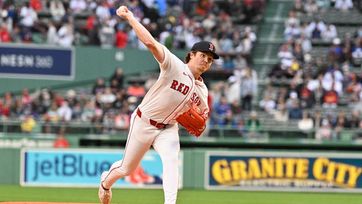 May 19, 2025; Boston, Massachusetts, USA; Boston Red Sox starting pitcher Hunter Dobbins (73) pitches against the New York Mets during the first inning at Fenway Park. Mandatory Credit: Eric Canha-Imagn Images