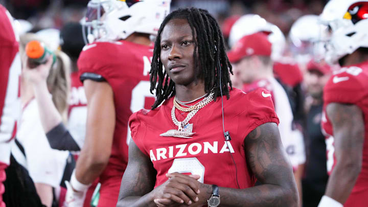 Aug 11, 2023; Glendale, Arizona, USA; Arizona Cardinals wide receiver Marquise Brown (2) looks on