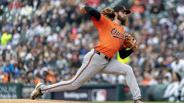 Apr 26, 2025; Detroit, Michigan, USA; Baltimore Orioles starting pitcher Brandon Young (63) delivers in the first inning against the Detroit Tigers during game one of a double header at Comerica Park. Apr 26, 2025; Detroit, Michigan, USA; Baltimore Orioles starting pitcher Brandon Young (63) delivers in the first inning against the Detroit Tigers during game one of a double header at Comerica Park.