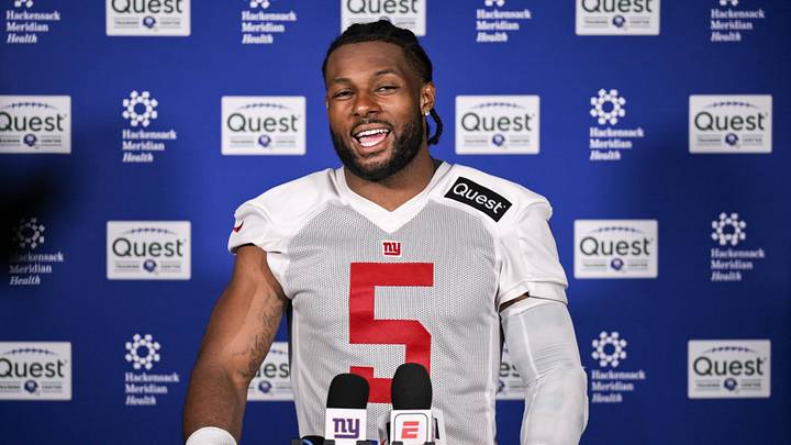 Jun 17, 2025; East Rutherford, NJ, USA; New York Giants linebacker Kayvon Thibodeaux (5) speaks at a press conference during minicamp at Quest Diagnostics Training Center. Mandatory Credit: John Jones-Imagn Images