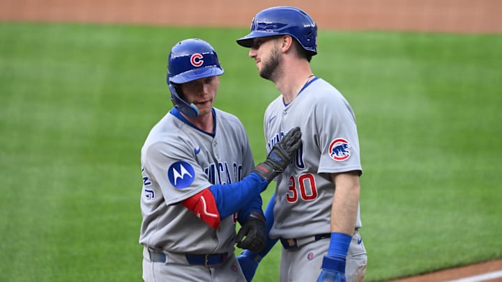 Jun 5, 2025; Washington, District of Columbia, USA; Chicago Cubs center fielder Pete Crow-Armstrong (4) celebrates at home plate with right fielder Kyle Tucker (30) after hitting a home run during the first inning against the Washington Nationals at Nationals Park. Mandatory Credit: Rafael Suanes-Imagn Images