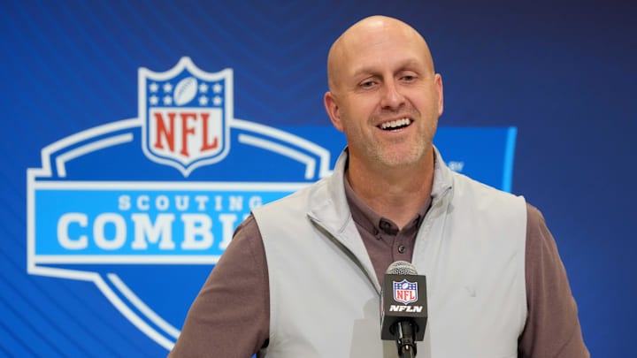 Feb 25, 2025; Indianapolis, IN, USA; Arizona Cardinals general manager Monti Ossenfort speaks during the NFL Scouting Combine at the Indiana Convention Center. Mandatory Credit: Kirby Lee-Imagn Images