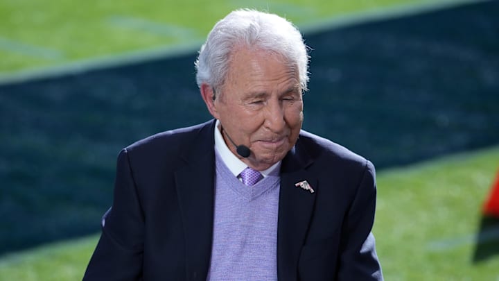 Jan 1, 2024; Pasadena, CA, USA; Lee Corso on the ESPN College Gameday set at the 2024 Rose Bowl college football playoff semifinal game at Rose Bowl. Jan 1, 2024; Pasadena, CA, USA; Lee Corso on the ESPN College Gameday set at the 2024 Rose Bowl college football playoff semifinal game at Rose Bowl.