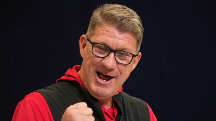 Feb 25, 2025; Indianapolis, IN, USA; Tampa Bay Buccaneers general manager Jason Licht speaks during the NFL Scouting Combine at the Indiana Convention Center. Mandatory Credit: Kirby Lee-Imagn Images
