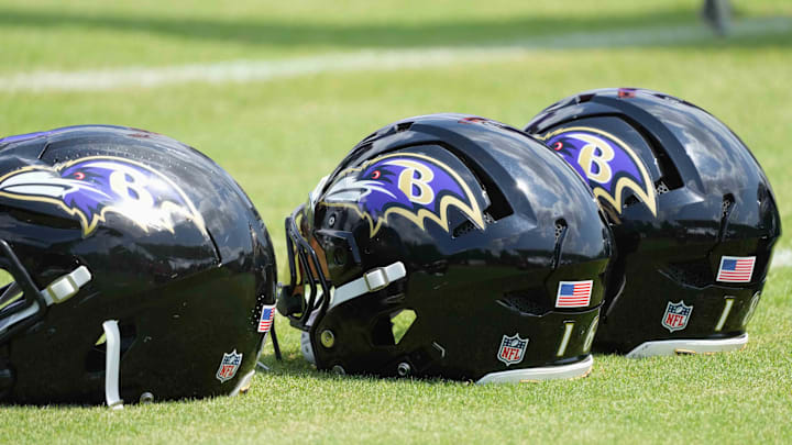 Jul 23, 2025; Owings Mills, MD, USA; Baltimore Ravens helmets await use during training camp at the Under Armour Performance Center. Mandatory Credit: Mitch Stringer-Imagn Images Jul 23, 2025; Owings Mills, MD, USA; Baltimore Ravens helmets await use during training camp at the Under Armour Performance Center. Mandatory Credit: Mitch Stringer-Imagn Images