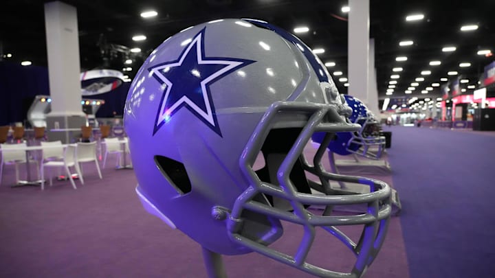 Feb 9, 2024; Las Vegas, NV, USA; A large Dallas Cowboys helmet at the NFL Experience at the Mandalay Bay South Convention Center. Mandatory Credit: Kirby Lee-Imagn Images Feb 9, 2024; Las Vegas, NV, USA; A large Dallas Cowboys helmet at the NFL Experience at the Mandalay Bay South Convention Center. Mandatory Credit: Kirby Lee-Imagn Images