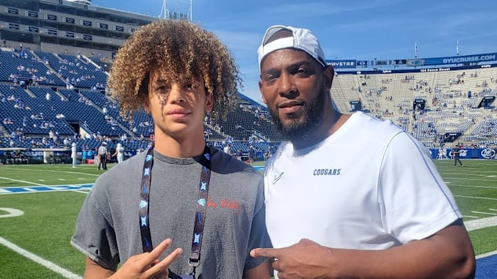 2026 BYU commit Justice Brathwaite with cornerbacks coach Jernaro Gilford