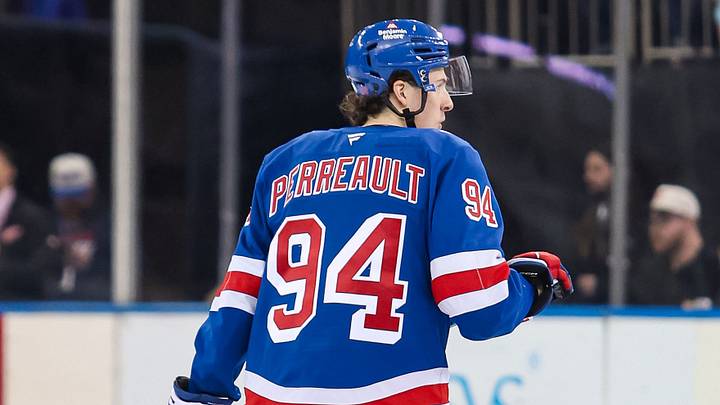 Apr 4, 2026; New York, New York, USA; New York Rangers right wing Gabe Perreault (94) skates against the Detroit Red Wings during the second period at Madison Square Garden. Mandatory Credit: Danny Wild-Imagn Images Apr 4, 2026; New York, New York, USA; New York Rangers right wing Gabe Perreault (94) skates against the Detroit Red Wings during the second period at Madison Square Garden. Mandatory Credit: Danny Wild-Imagn Images