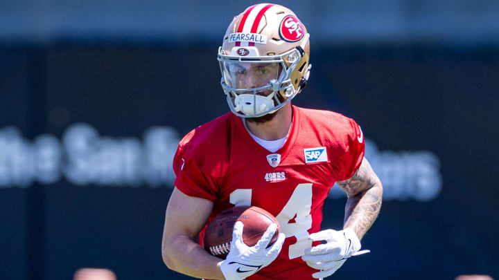 May 10, 2024; Santa Clara, CA, USA; San Francisco 49ers rookie wide receiver Ricky Pearsall (14) runs drills during the 49ers rookie minicamp at Levi’s Stadium in Santa Clara, CA. Mandatory Credit: Robert Kupbens-USA TODAY Sports