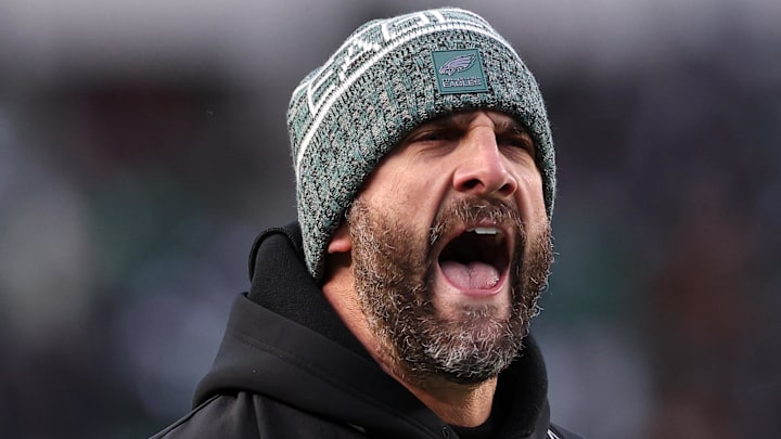 Nov 28, 2025; Philadelphia, Pennsylvania, USA; Philadelphia Eagles head coach Nick Sirianni reacts to a play against the Chicago Bears at Lincoln Financial Field. Mandatory Credit: Bill Streicher-Imagn Images