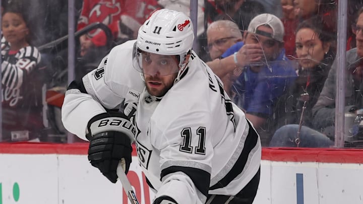 Mar 14, 2026; Newark, New Jersey, USA; Los Angeles Kings center Anze Kopitar (11) passes the puck against the New Jersey Devils during the first period at Prudential Center. Mandatory Credit: Ed Mulholland-Imagn Images Mar 14, 2026; Newark, New Jersey, USA; Los Angeles Kings center Anze Kopitar (11) passes the puck against the New Jersey Devils during the first period at Prudential Center. Mandatory Credit: Ed Mulholland-Imagn Images