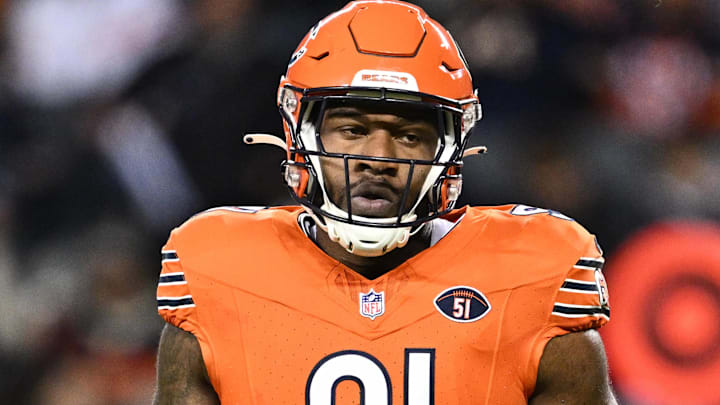 Former Chicago Bears defensive lineman Yannick Ngakoue (91) takes a breather during a game against the Carolina Panthers at Soldier Field.