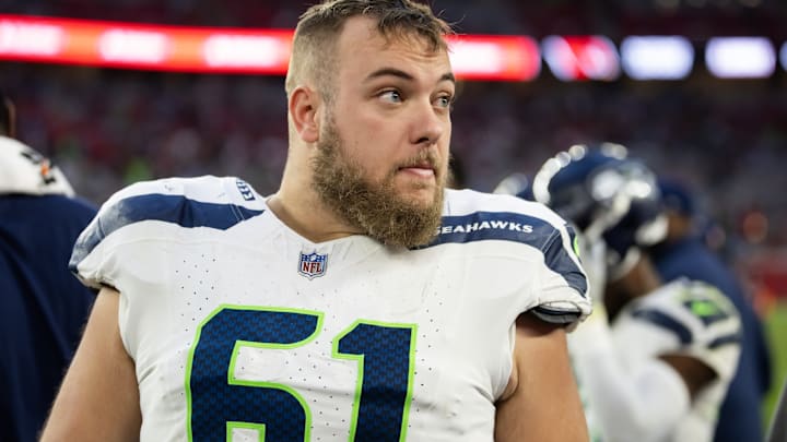 Dec 8, 2024; Glendale, Arizona, USA; Seattle Seahawks offensive tackle Jalen Sundell (61) against the Arizona Cardinals at State Farm Stadium. 