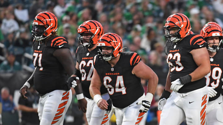 Aug 7, 2025; Philadelphia, Pennsylvania, USA; Cincinnati Bengals offensive tackle Amarius Mims (71), guard Lucas Patrick (62), center Ted Karras (64), guard Dylan Fairchild (63) and offensive tackle Orlando Brown Jr. (75) against the Philadelphia Eagles at Lincoln Financial Field. Mandatory Credit: Eric Hartline-Imagn Images Aug 7, 2025; Philadelphia, Pennsylvania, USA; Cincinnati Bengals offensive tackle Amarius Mims (71), guard Lucas Patrick (62), center Ted Karras (64), guard Dylan Fairchild (63) and offensive tackle Orlando Brown Jr. (75) against the Philadelphia Eagles at Lincoln Financial Field. Mandatory Credit: Eric Hartline-Imagn Images