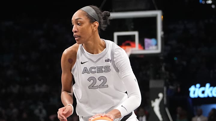 Sep 29, 2024; Brooklyn, New York, USA; Las Vegas Aces center A'ja Wilson (22) dribbles the ball against the New York Liberty during game one of the 2024 WNBA Semi-finals at Barclays Center. 