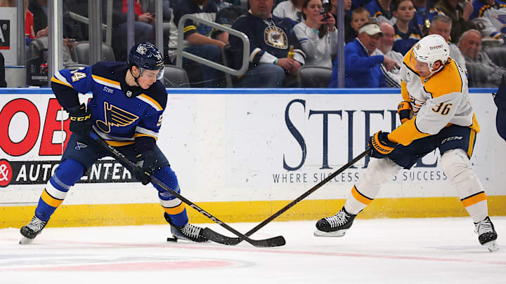 Dalibor Dvorsky in a one-on-one puck battle against Cole Smith